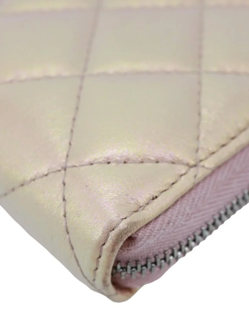Chanel  Gusset Iridescent Leather Zip Around Wallet Pink